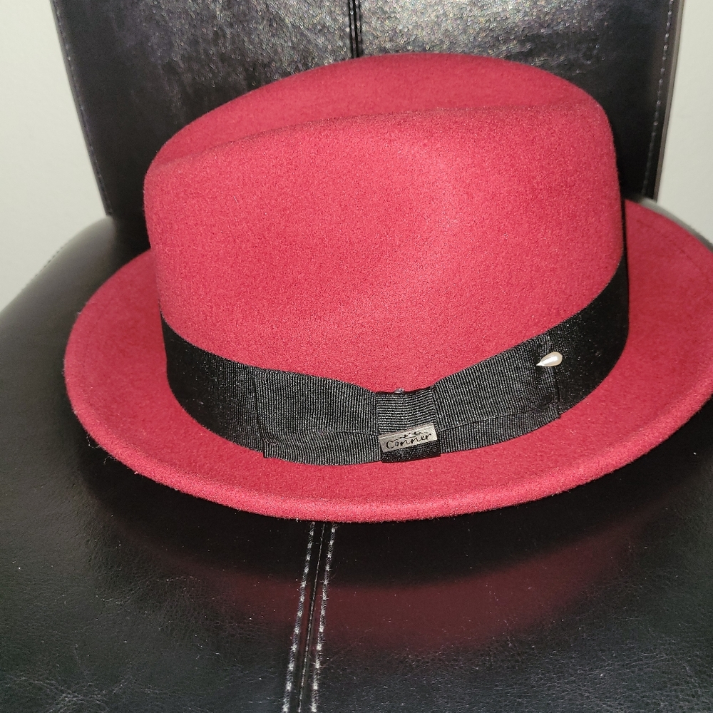 Conner Hats, Detroit, Wool Fedora,  Size Large, 2" Brim, 4" Crown, Red/ Burgundy